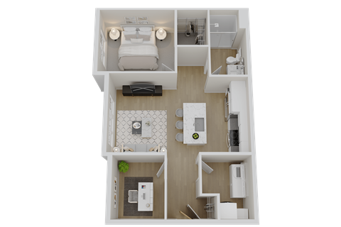 Floor plan for 1 bed, 1 bath, 877 sqft